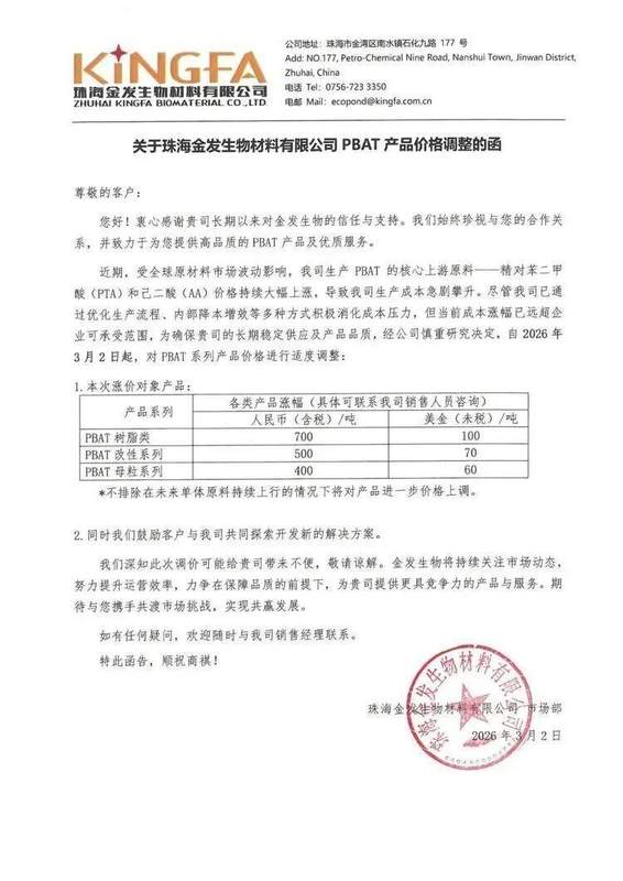原料成本攀升，PBAT行业迎来调整；金发科技率先行动，彰显龙头韧性。